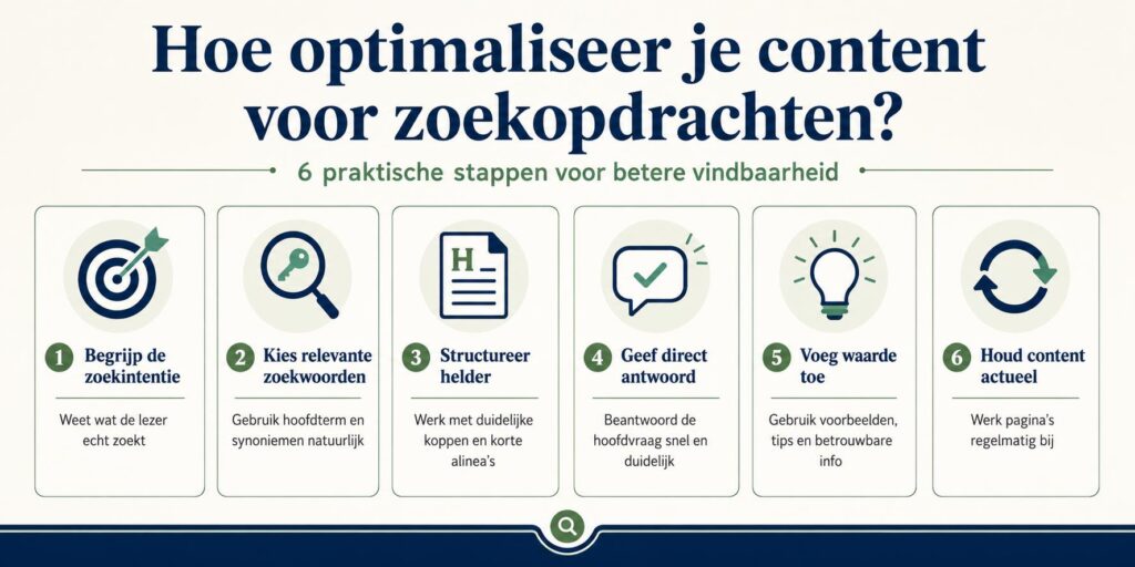 Infographic: stappen voor optimalisering van content voor zoekopdrachten, van zoekintentie tot structuur